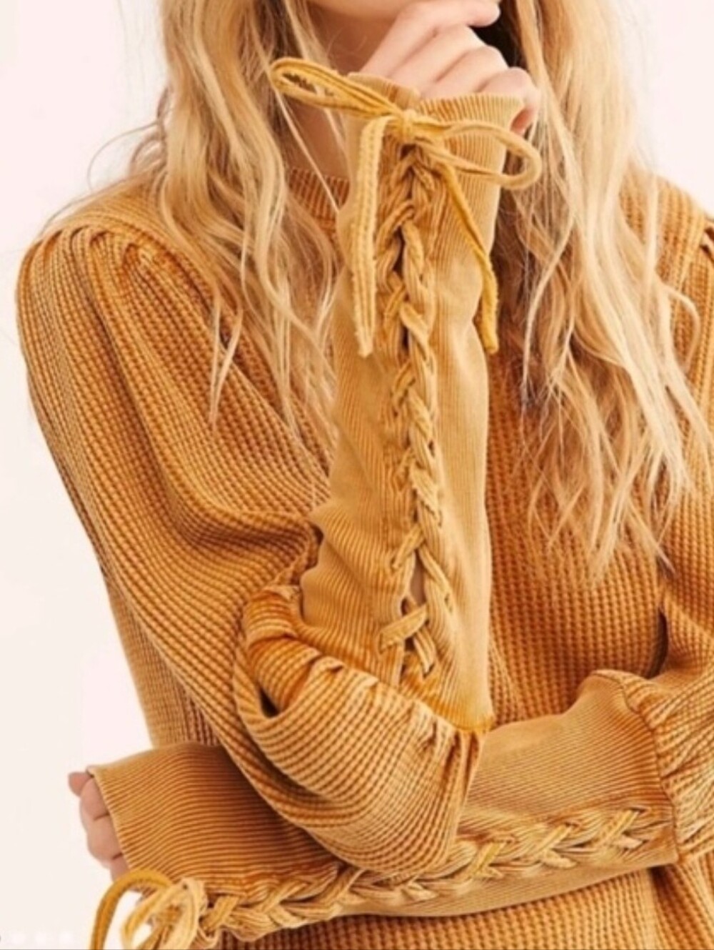 Free People Lace Up Sleeve Thermal Top Mustard Brown XL